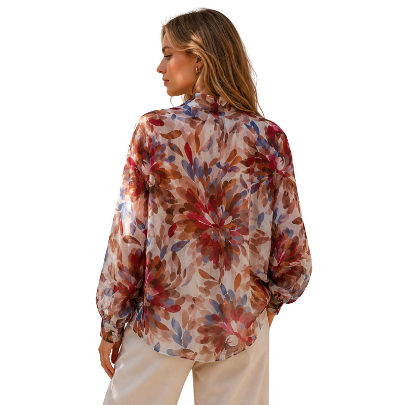 Blusa donna semitrasparente, fiocco al collo e fantasia Made in Italy