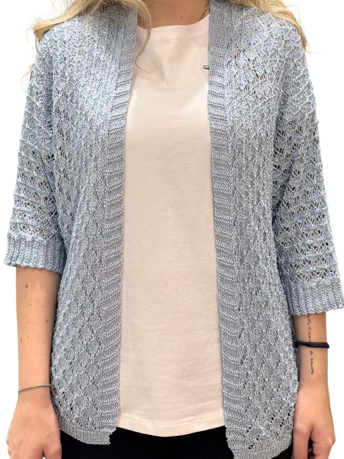 Cardigan donna aperto in maglia traforata con filo metallizzato