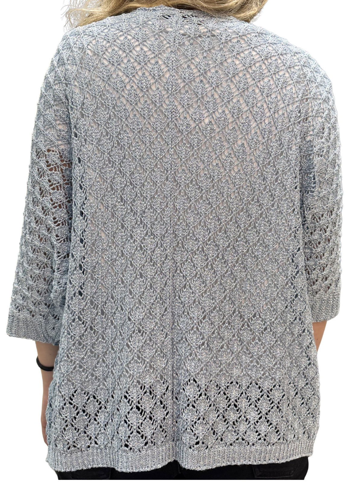 Cardigan donna aperto in maglia traforata con filo metallizzato