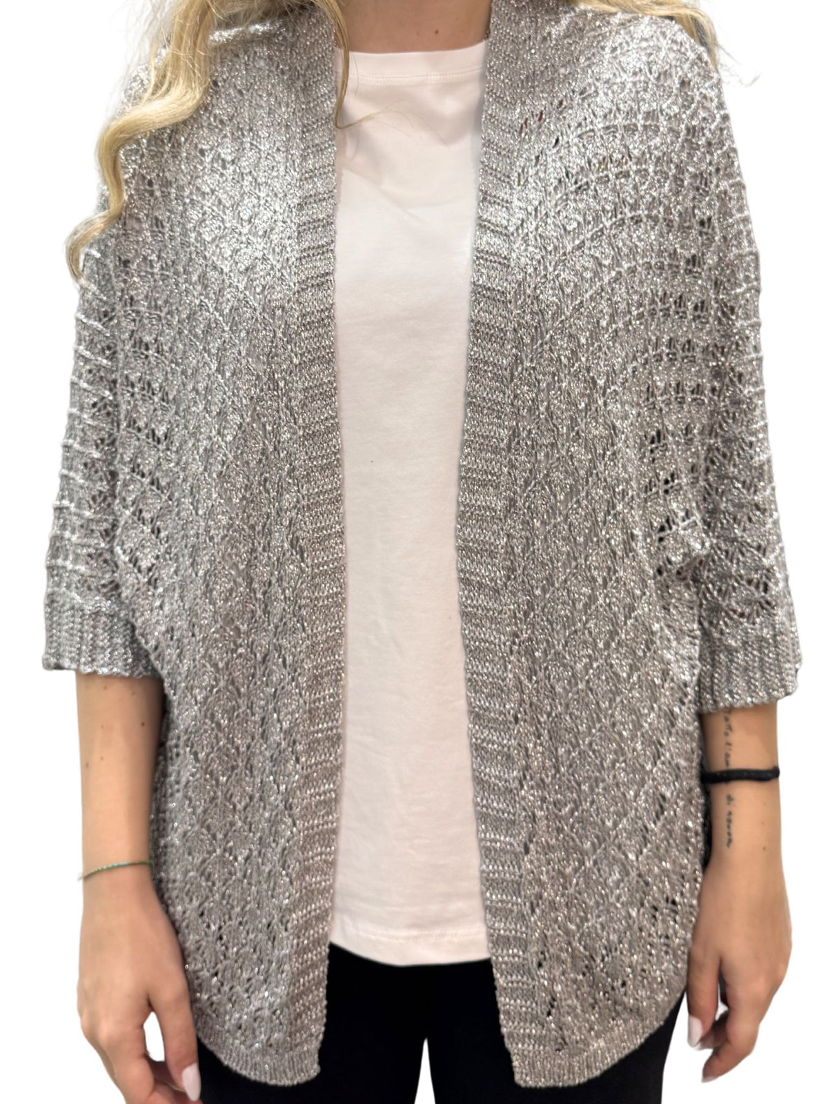Cardigan donna aperto in maglia traforata con filo metallizzato