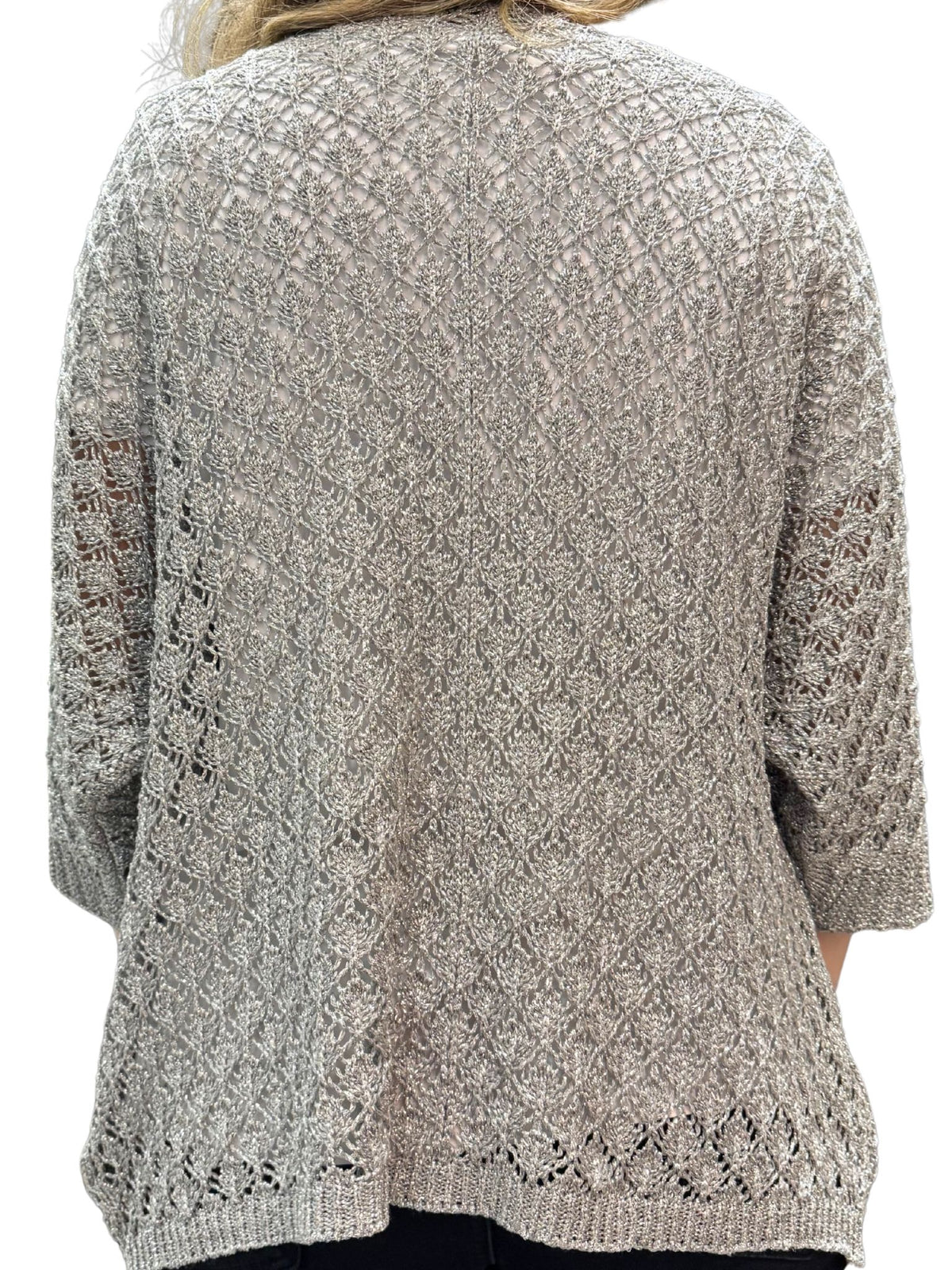 Cardigan donna aperto in maglia traforata con filo metallizzato