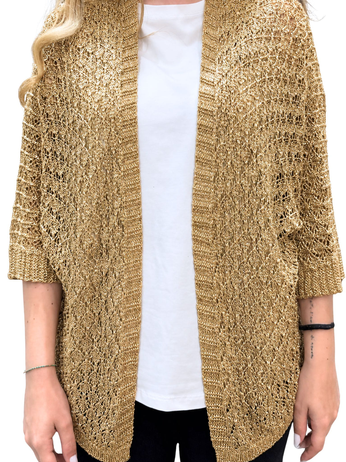 Cardigan donna aperto in maglia traforata con filo metallizzato