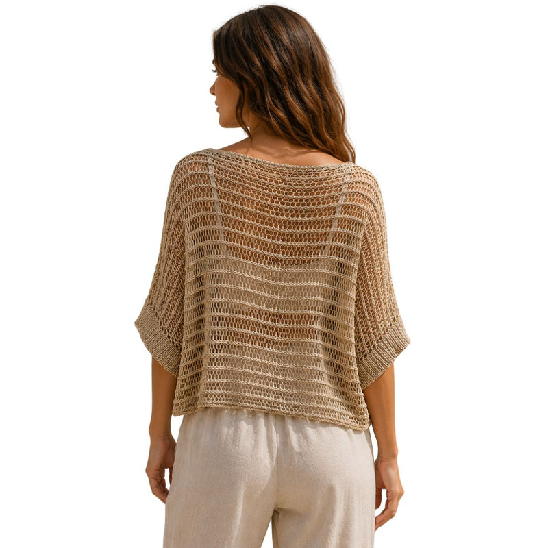 Maglia donna corta traforata smanicata con filo metallizzato Made in Italy