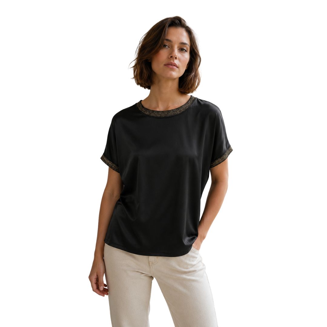 Blusa donna, maniche corte in viscosa lucida, bordi metallizzati Made in Italy