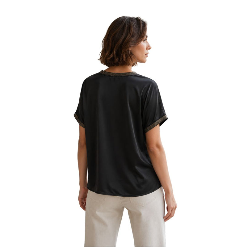 Blusa donna, maniche corte in viscosa lucida, bordi metallizzati Made in Italy