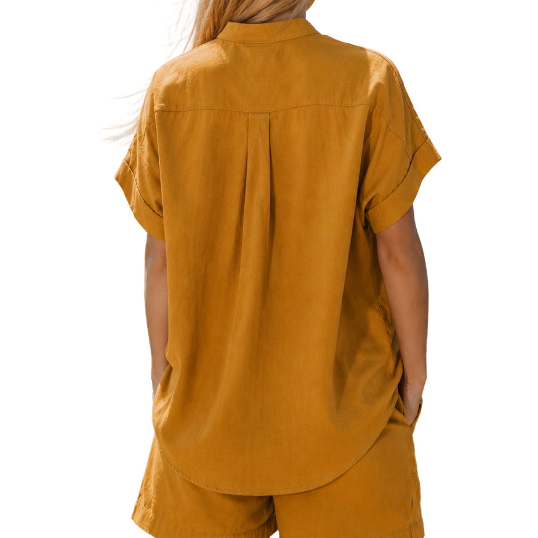Camicia donna maniche corte, misto lino tinta unita Made in Italy