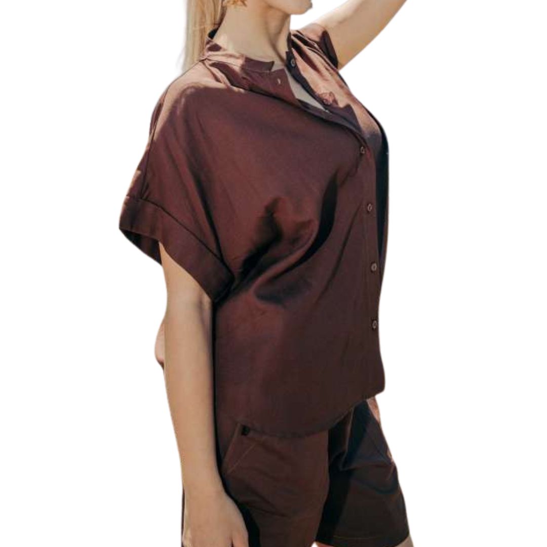 Camicia donna maniche corte, misto lino tinta unita Made in Italy