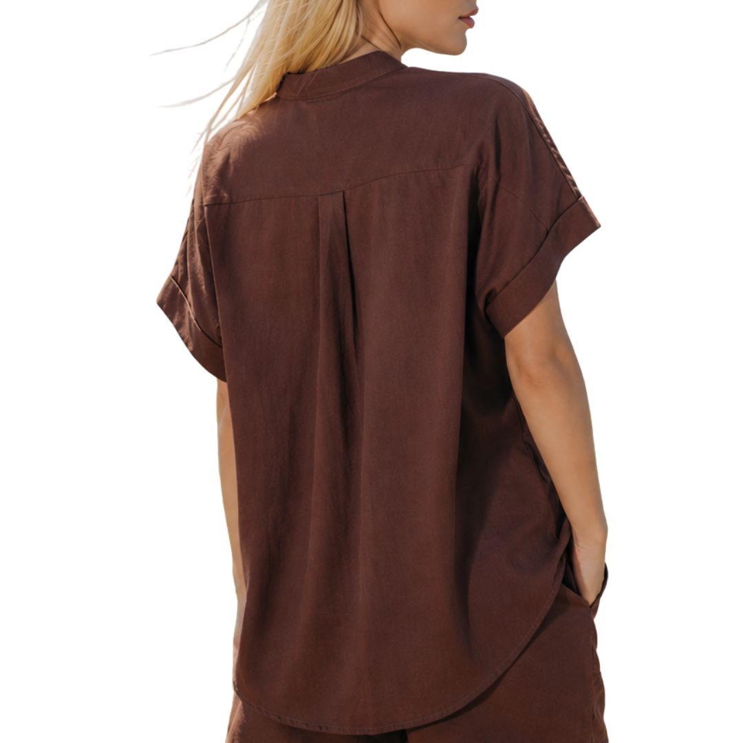 Camicia donna maniche corte, misto lino tinta unita Made in Italy