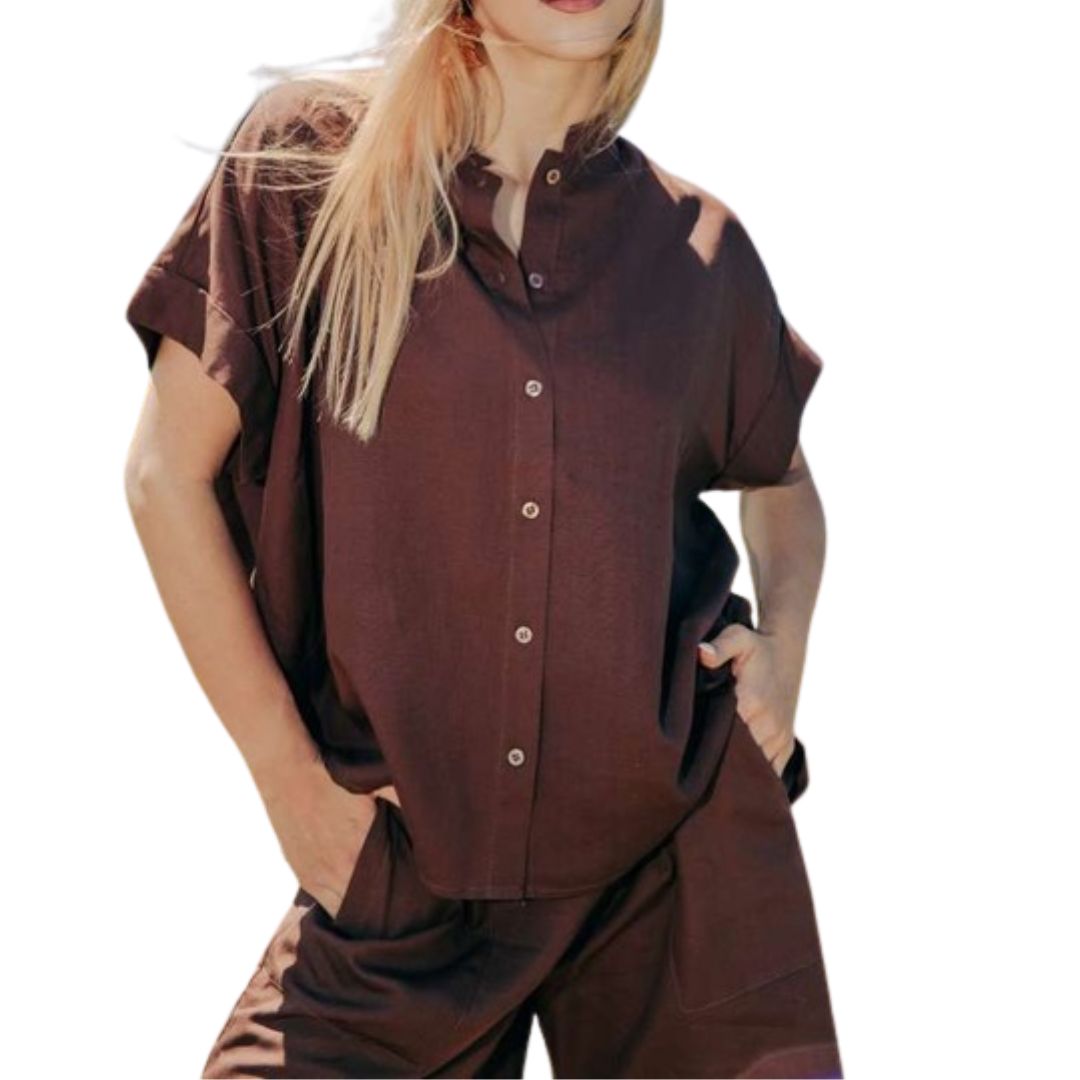 Camicia donna maniche corte, misto lino tinta unita Made in Italy