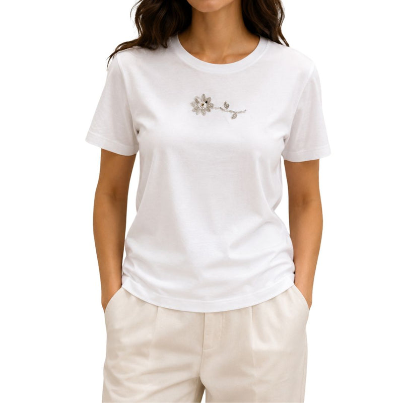 T-shirt donna a maniche corte con applicazione a fiore in paillettes in cotone