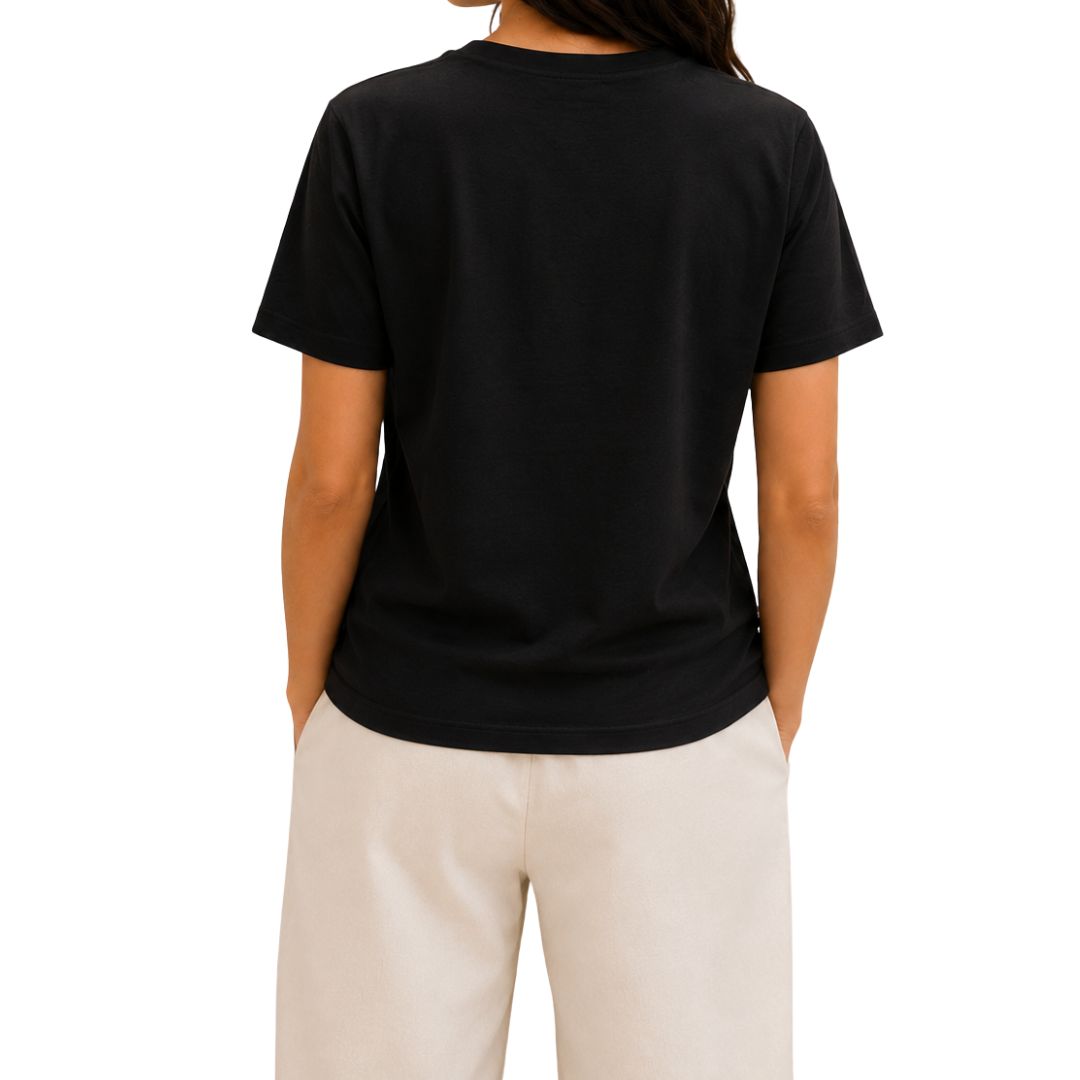 T-shirt donna a maniche corte con applicazione a fiore in paillettes in cotone