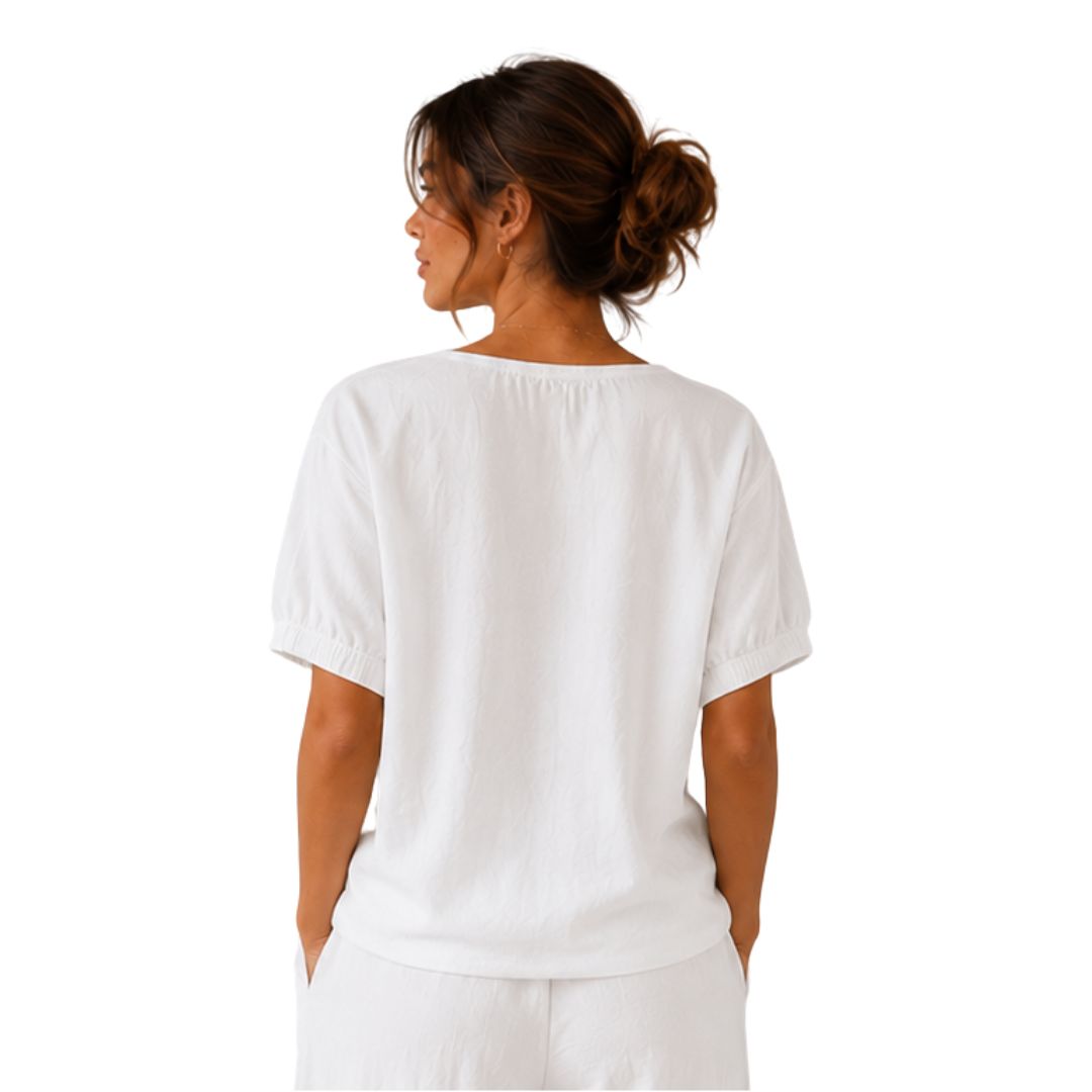 Blusa donna a maniche corte e scollo a v con applicazione, in 100% cotone