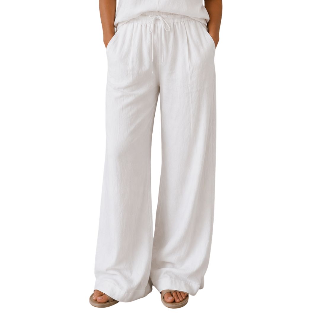 Pantalone donna wide leg in 100% cotone con vita elasticizzata tinta unita