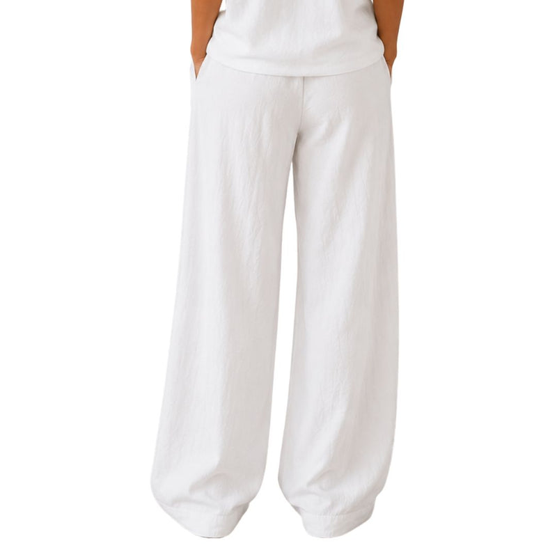 Pantalone donna wide leg in 100% cotone con vita elasticizzata tinta unita