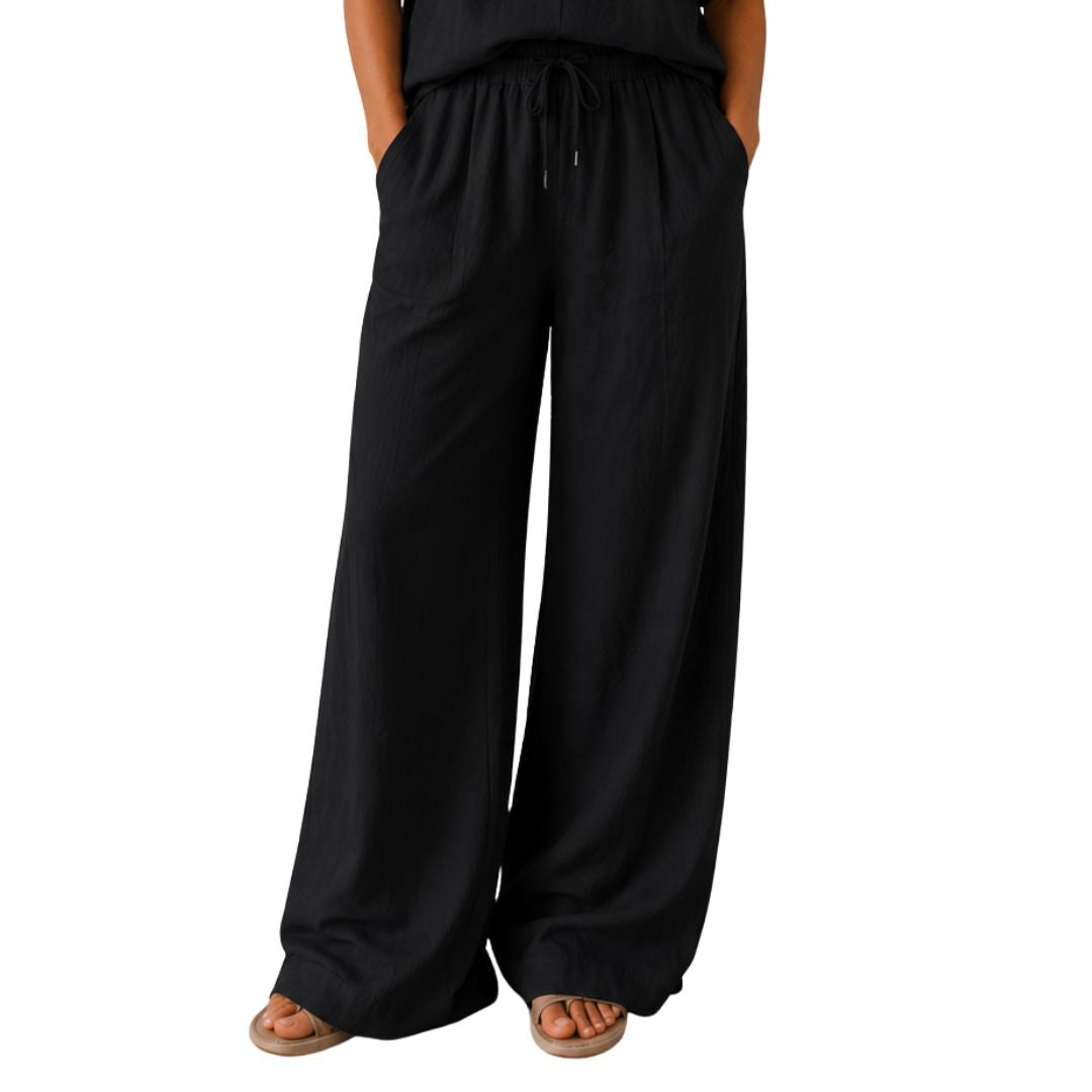 Pantalone donna wide leg in 100% cotone con vita elasticizzata tinta unita