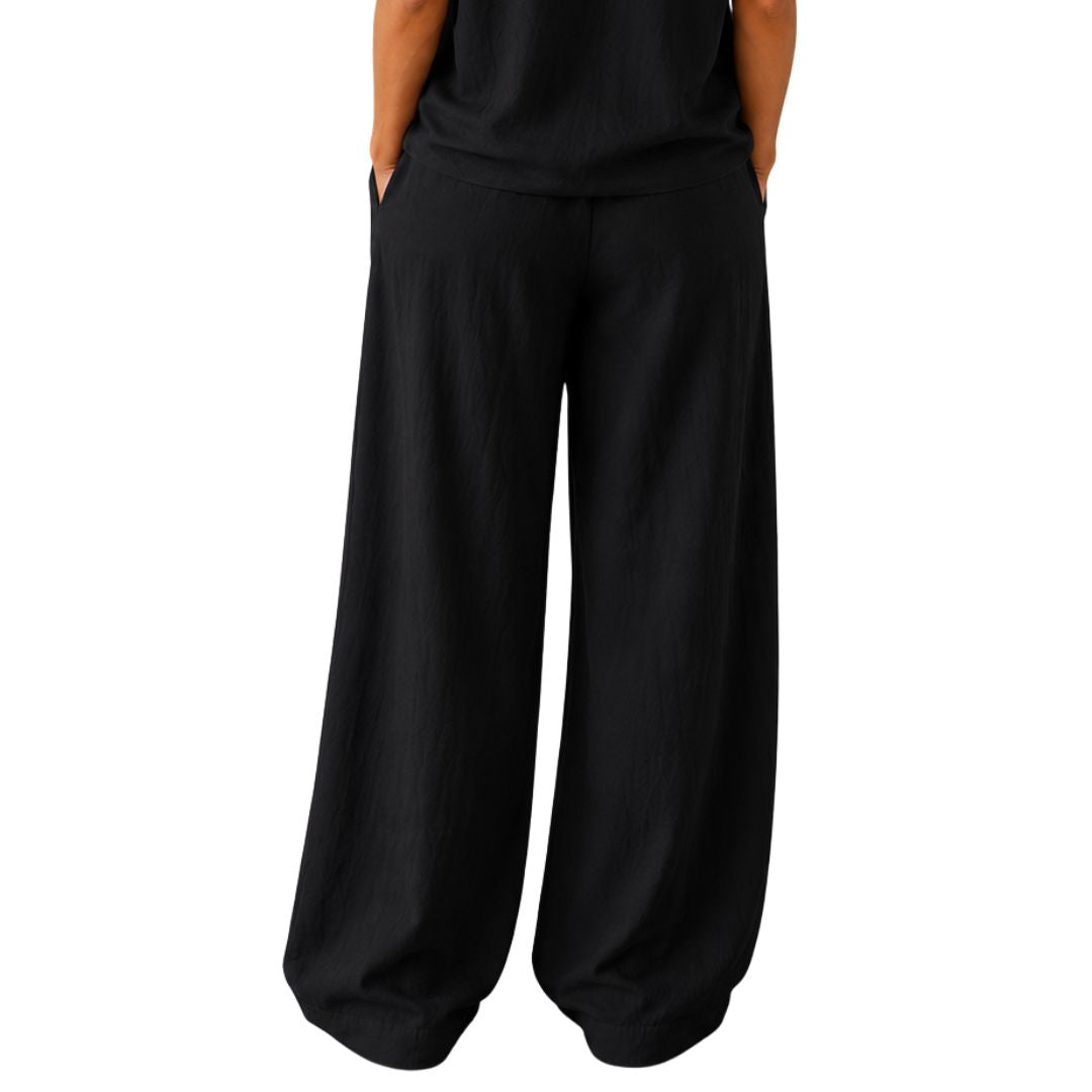 Pantalone donna wide leg in 100% cotone con vita elasticizzata tinta unita