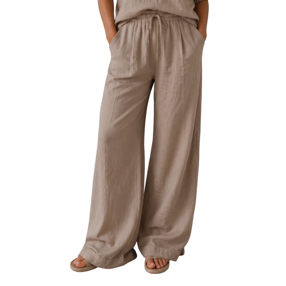 Pantalone donna wide leg in 100% cotone con vita elasticizzata tinta unita