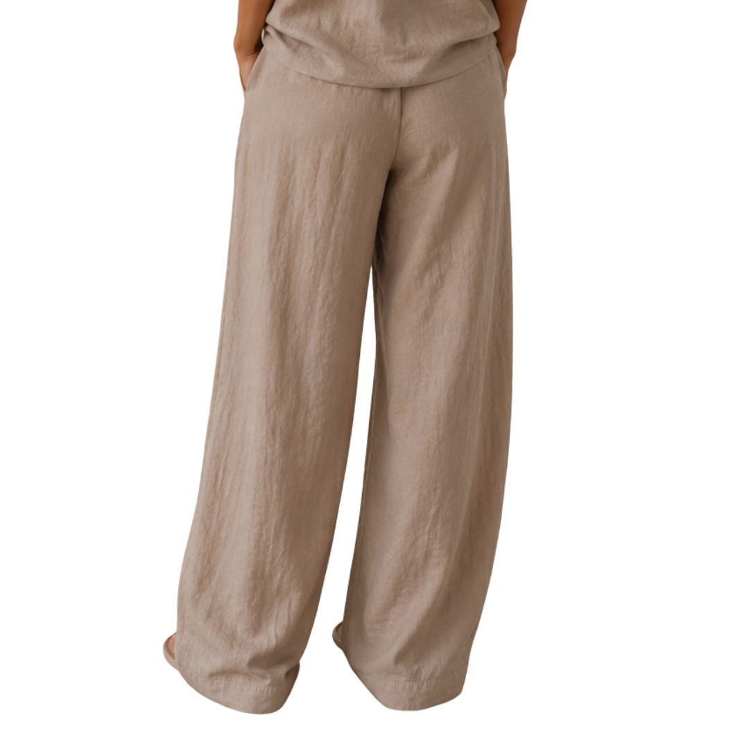 Pantalone donna wide leg in 100% cotone con vita elasticizzata tinta unita