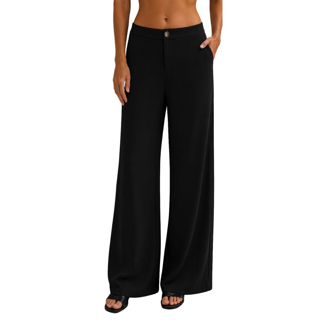 Pantalone donna tinta unita, misto cotone con bottone, wide leg e vita elastica