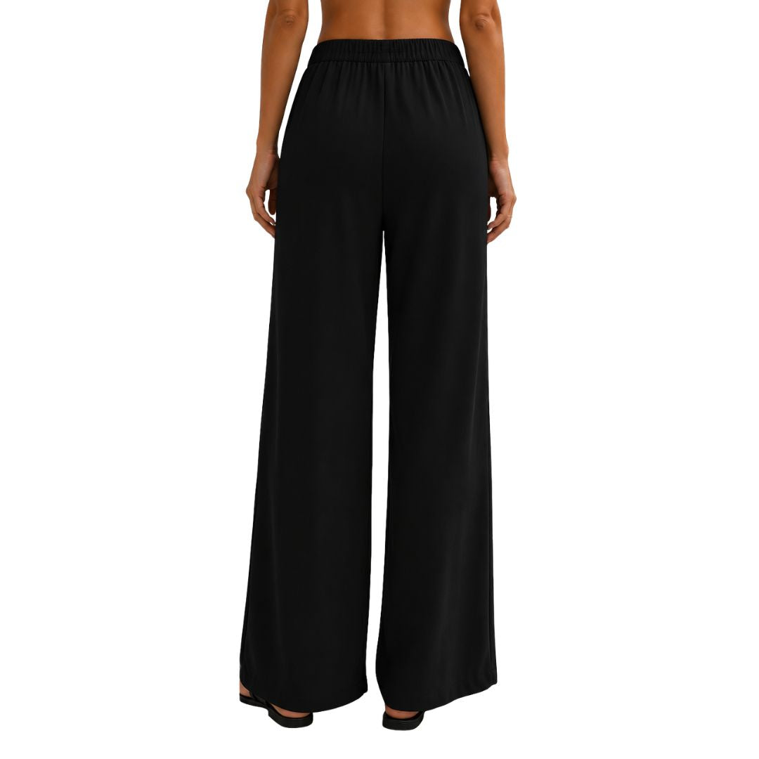 Pantalone donna tinta unita, misto cotone con bottone, wide leg e vita elastica