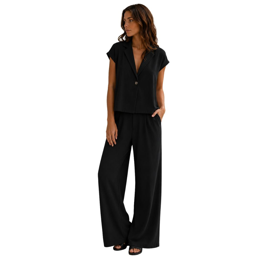 Pantalone donna tinta unita, misto cotone con bottone, wide leg e vita elastica