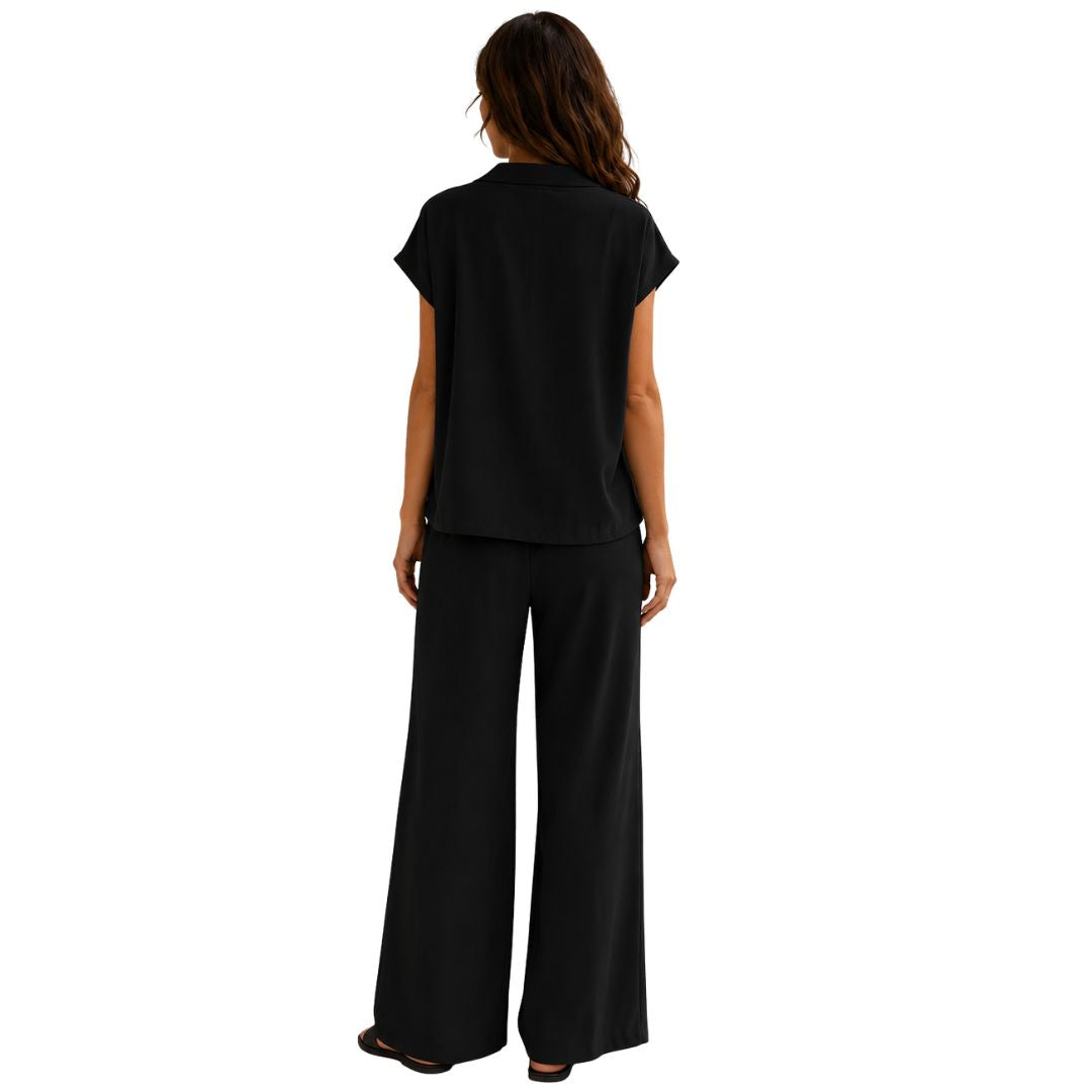 Pantalone donna tinta unita, misto cotone con bottone, wide leg e vita elastica