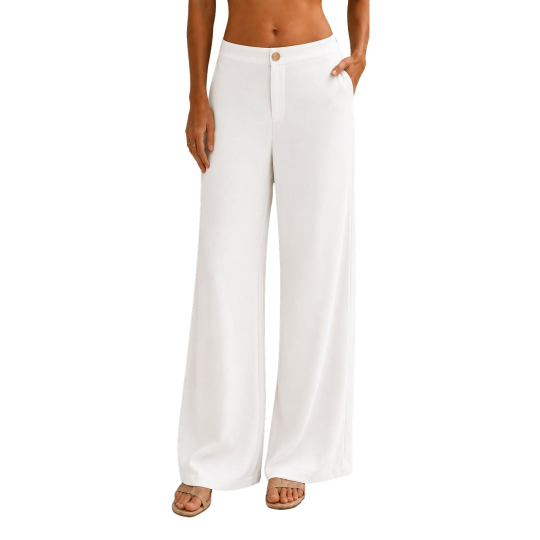Pantalone donna tinta unita, misto cotone con bottone, wide leg e vita elastica