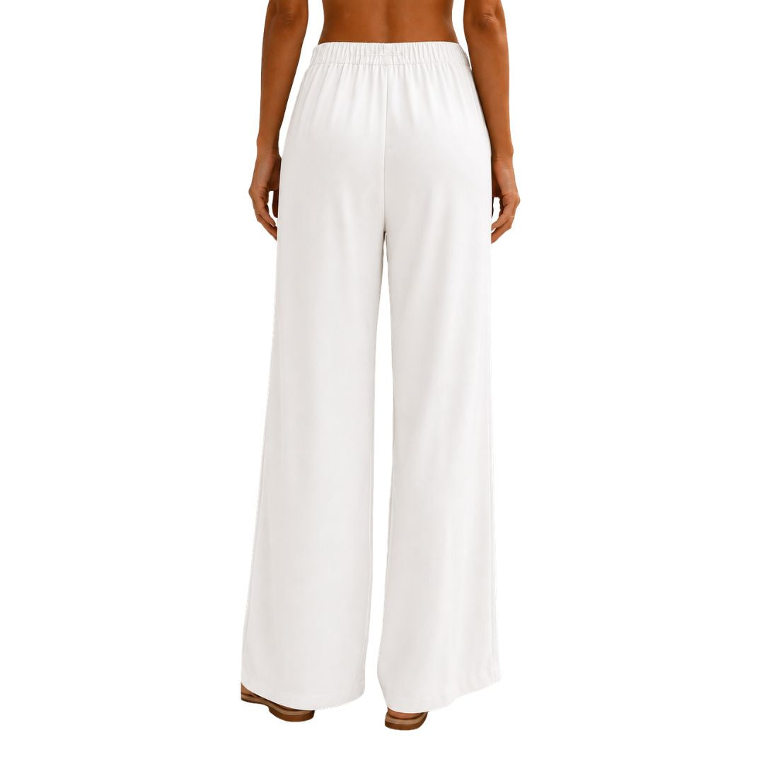 Pantalone donna tinta unita, misto cotone con bottone, wide leg e vita elastica
