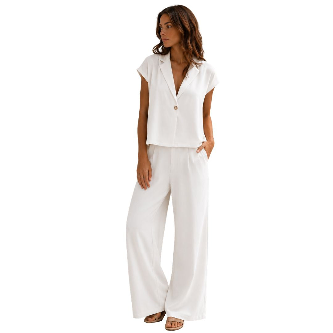 Pantalone donna tinta unita, misto cotone con bottone, wide leg e vita elastica
