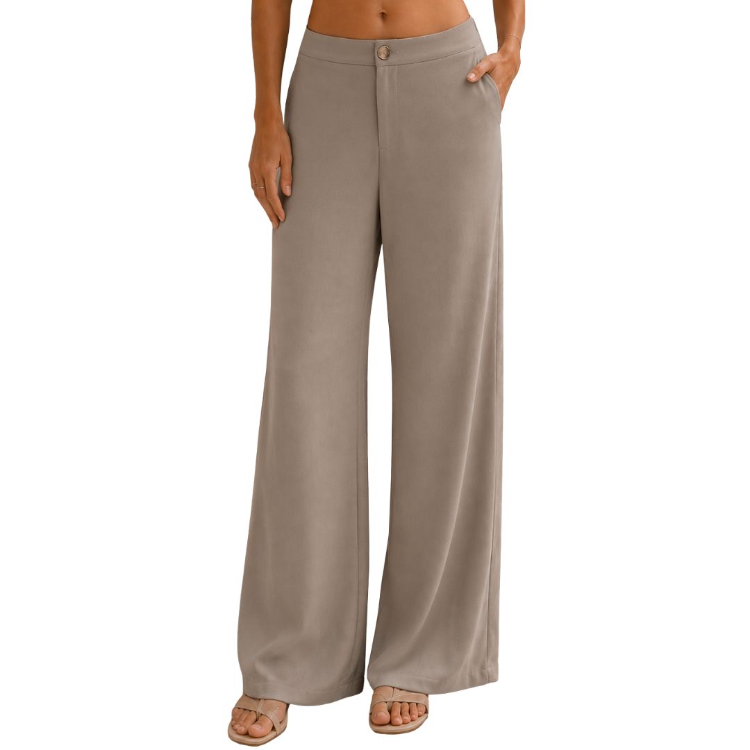 Pantalone donna tinta unita, misto cotone con bottone, wide leg e vita elastica
