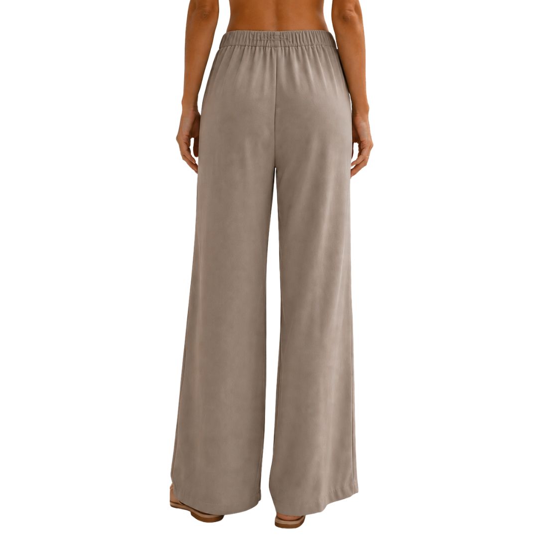 Pantalone donna tinta unita, misto cotone con bottone, wide leg e vita elastica