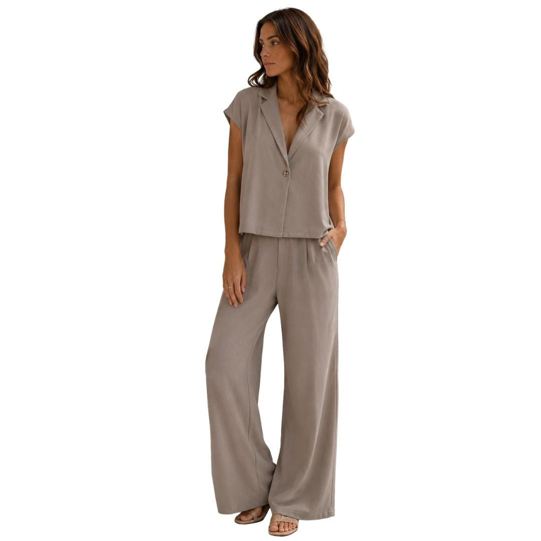 Pantalone donna tinta unita, misto cotone con bottone, wide leg e vita elastica