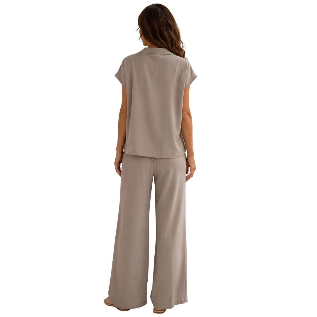 Pantalone donna tinta unita, misto cotone con bottone, wide leg e vita elastica