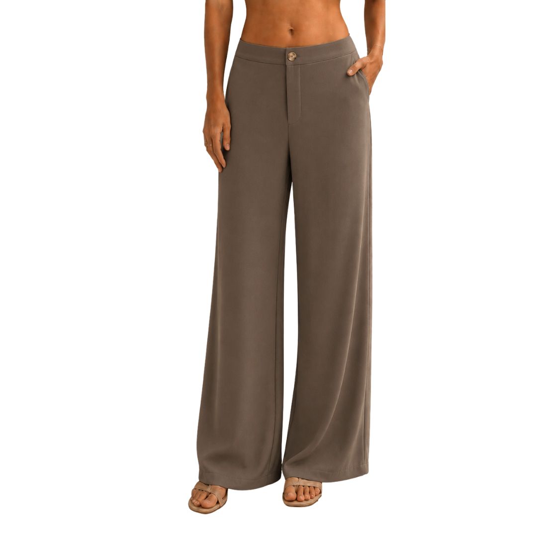 Pantalone donna tinta unita, misto cotone con bottone, wide leg e vita elastica