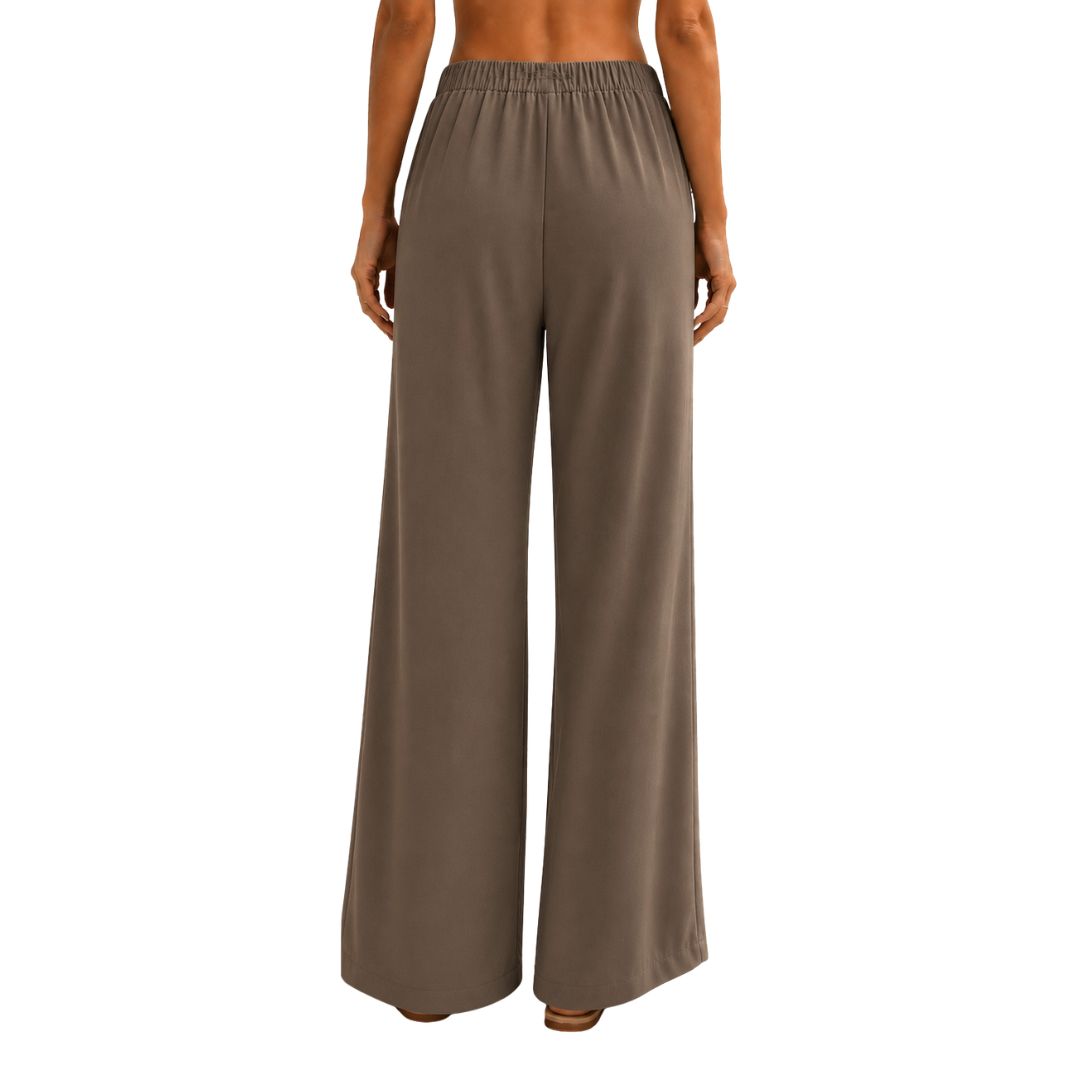 Pantalone donna tinta unita, misto cotone con bottone, wide leg e vita elastica