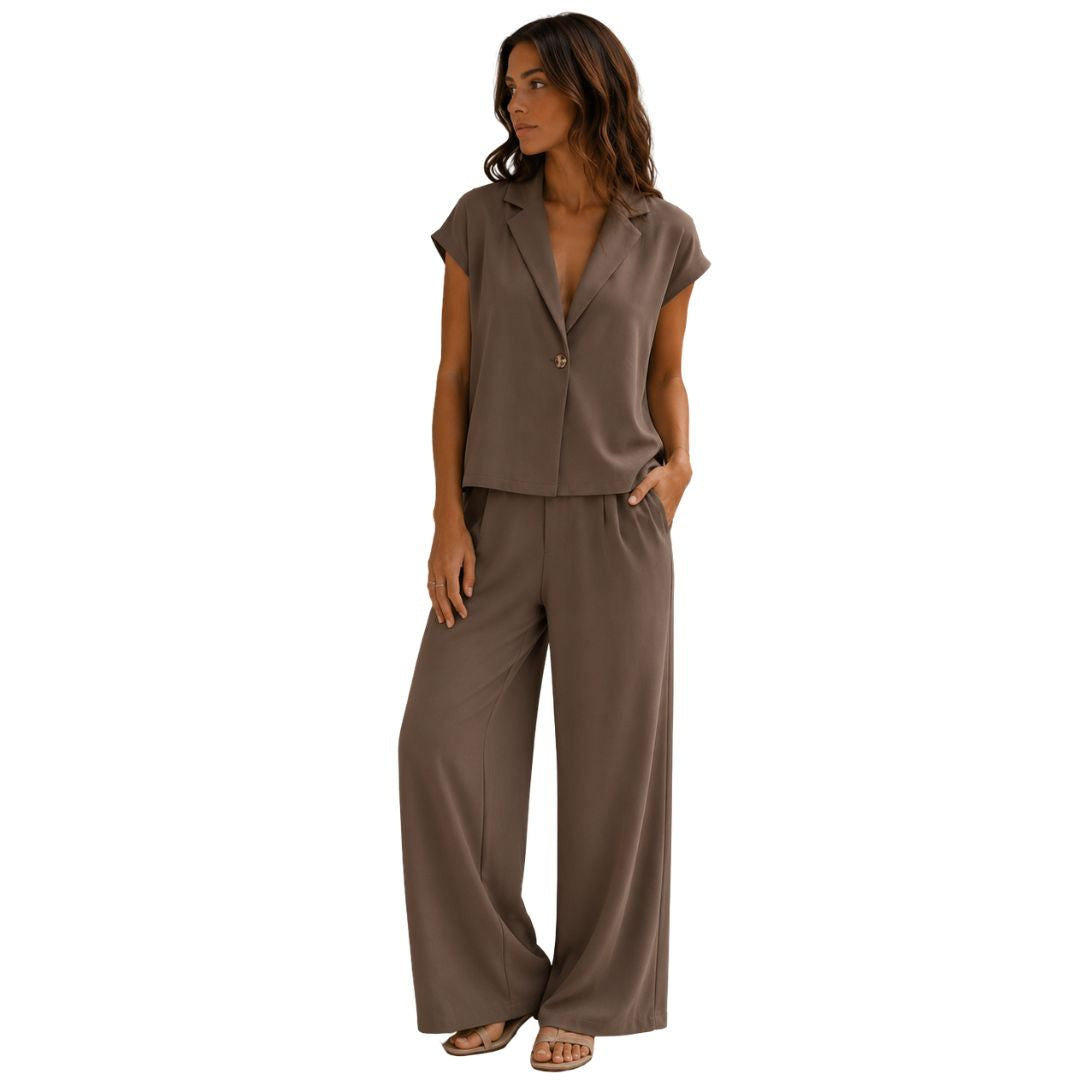 Pantalone donna tinta unita, misto cotone con bottone, wide leg e vita elastica