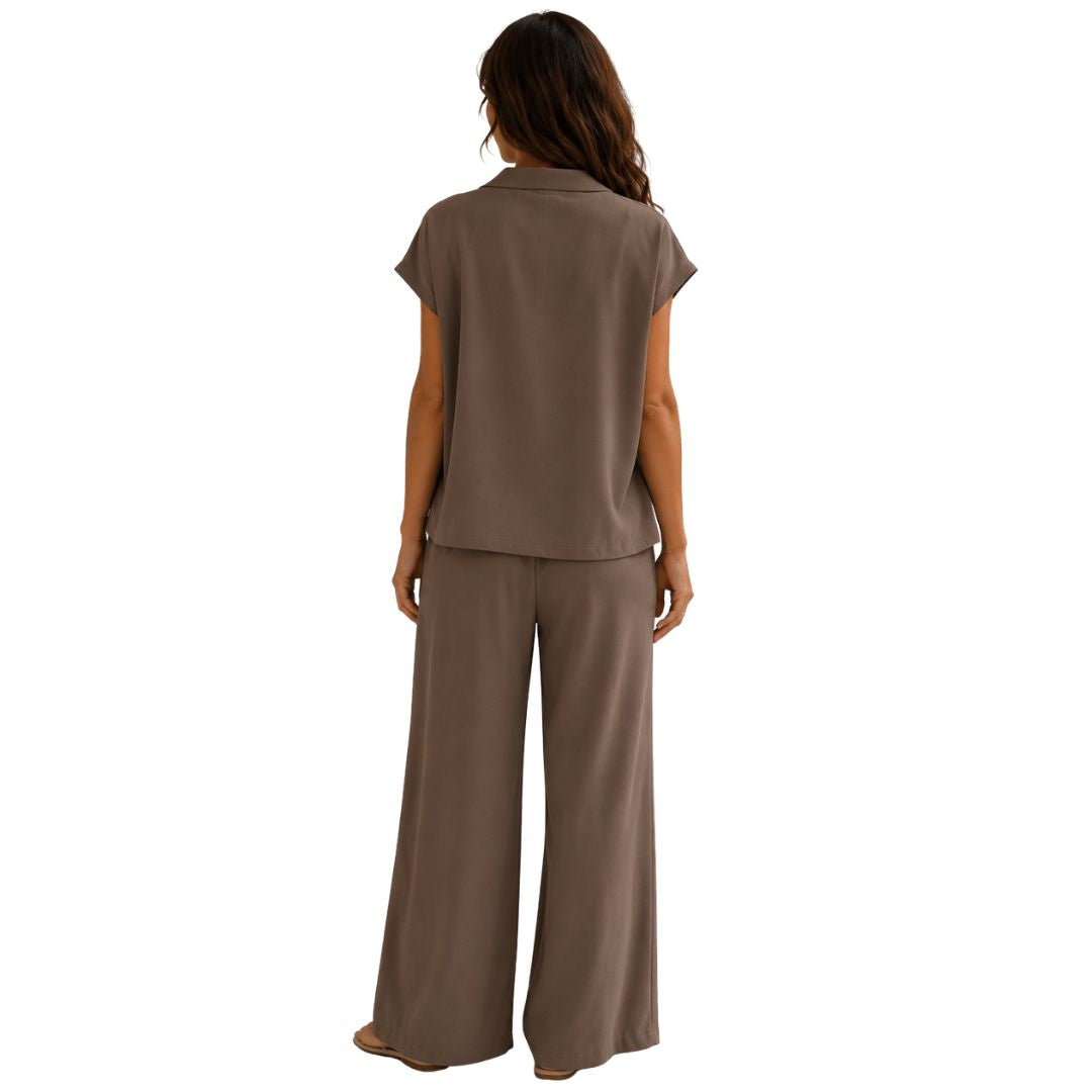 Pantalone donna tinta unita, misto cotone con bottone, wide leg e vita elastica