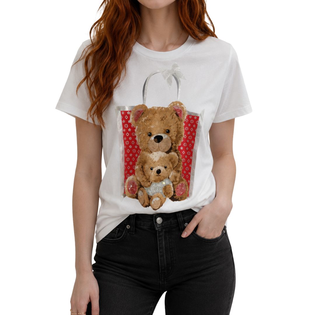 T-shirt donna a maniche corte in cotone, stampa orsetti e strass Made in Italy