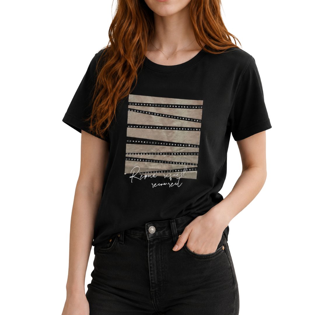 T-Shirt donna manica corta, stampa argento astratta con strass Made in Italy