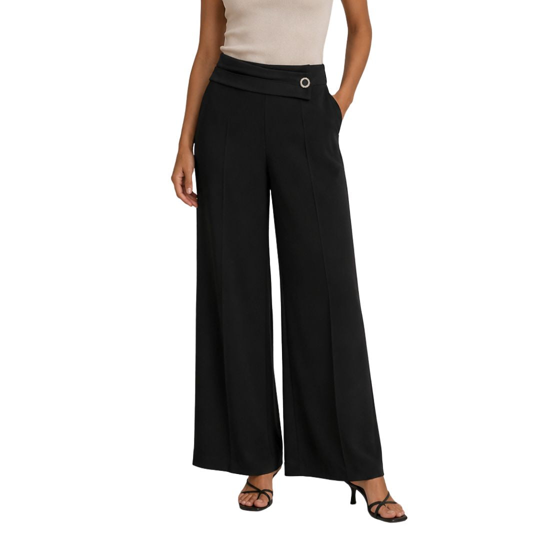Pantalone donna in viscosa con fascia in vita e bottone gioiello Made in Italy