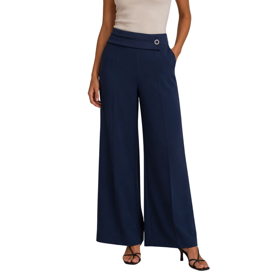 Pantalone donna in viscosa con fascia in vita e bottone gioiello Made in Italy