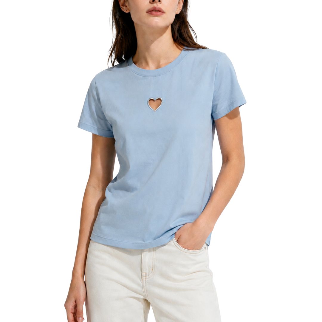 T-shirt donna manica corta scollo tondo con cuore ad intaglio Made in Italy