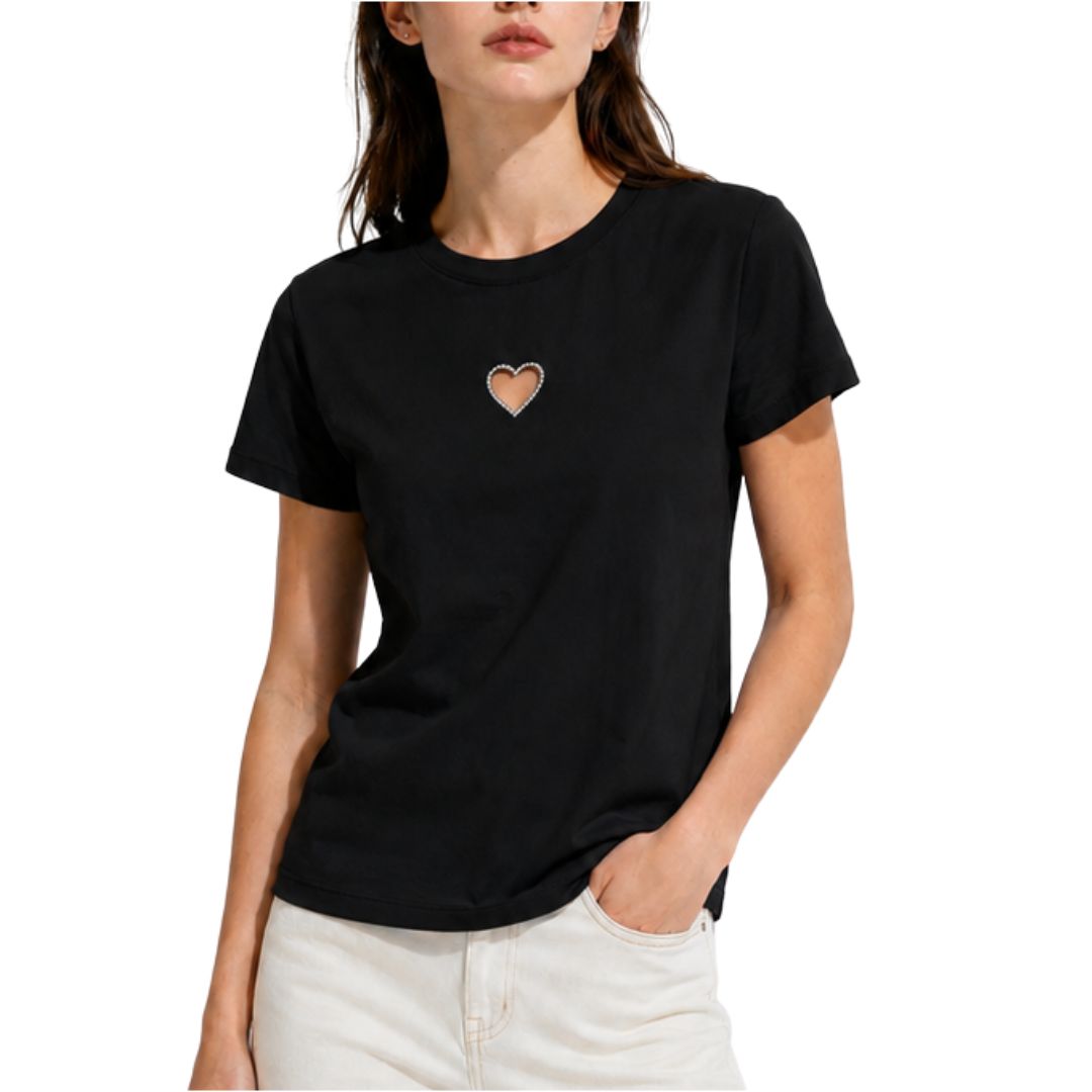 T-shirt donna manica corta scollo tondo con cuore ad intaglio Made in Italy
