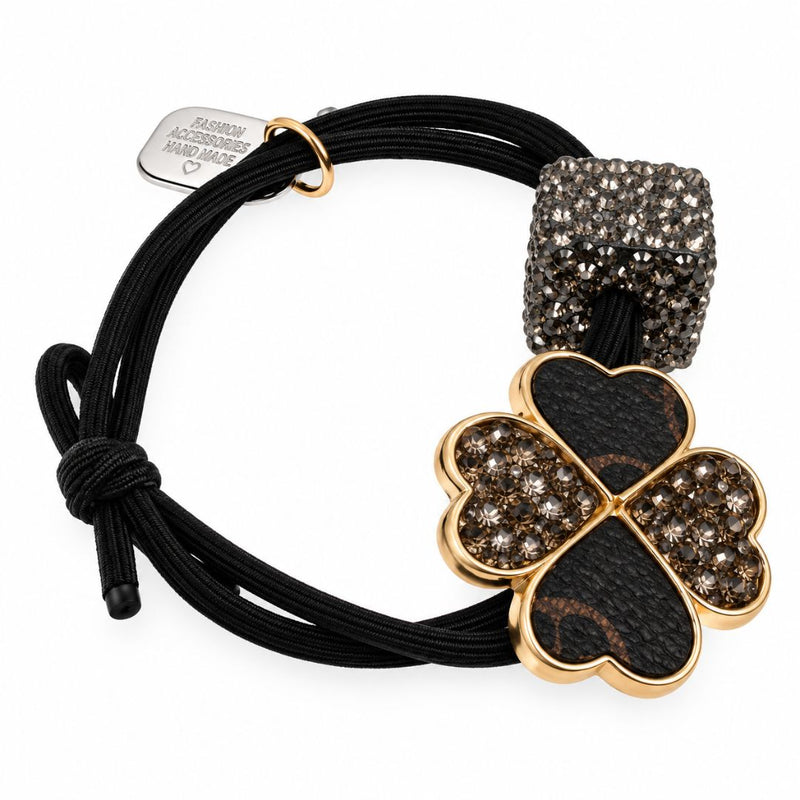 Elastico Fermacoda con quadrifoglio e cubo in metallo e strass