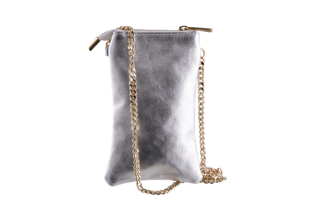 Portacellulare donna in vera pelle con tracolla dorata e zip Made in Italy