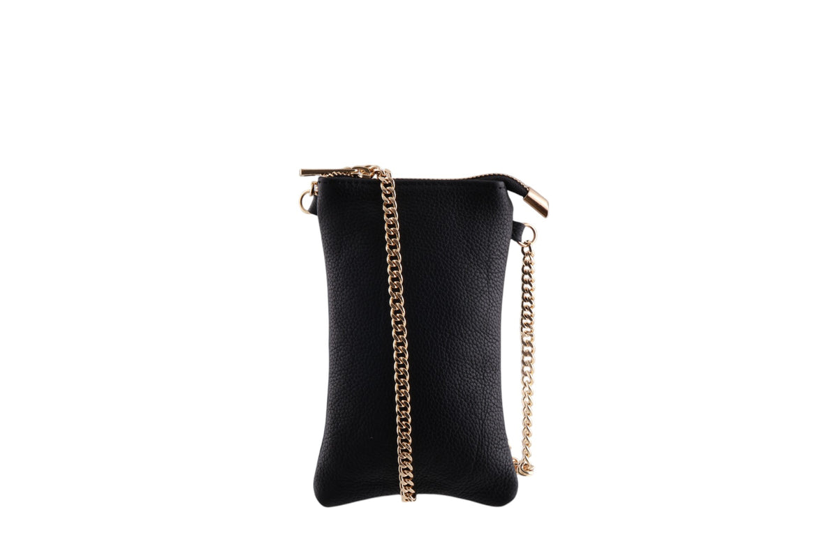 Portacellulare donna in vera pelle con tracolla dorata e zip Made in Italy
