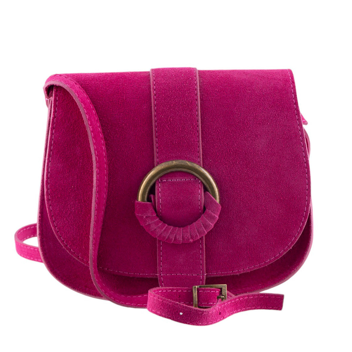Borsa Boho Chic in vera pelle scamosciata con patta frontale e fibbia decorativa
