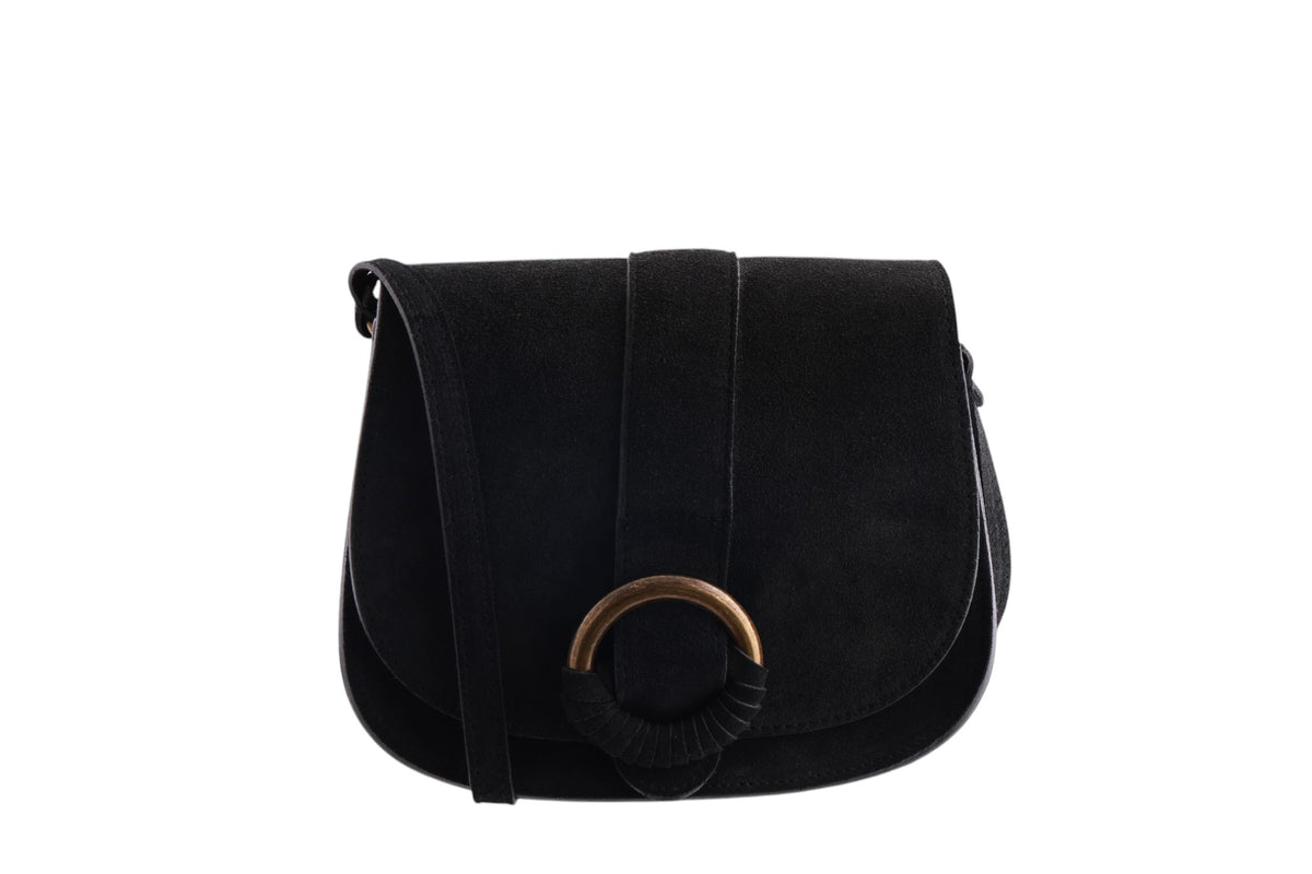 Borsa Boho Chic in vera pelle scamosciata con patta frontale e fibbia decorativa