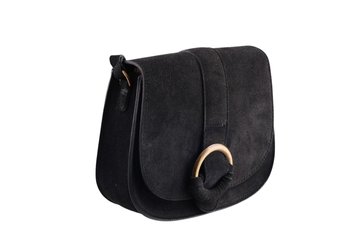 Borsa Boho Chic in vera pelle scamosciata con patta frontale e fibbia decorativa