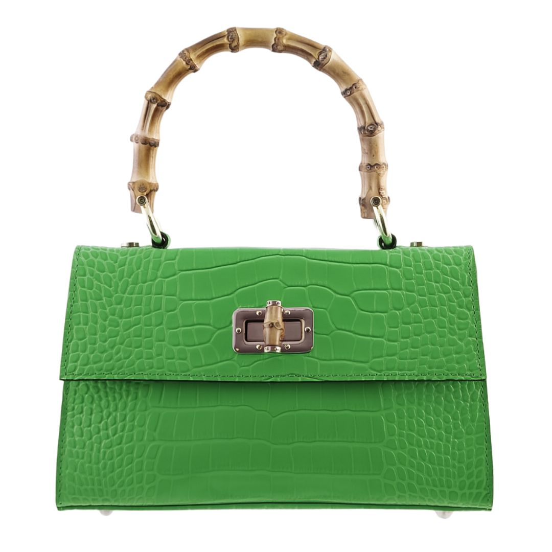 Borsa a Mano Elegante in Pelle Effetto Coccodrillo con Manico in Bamboo